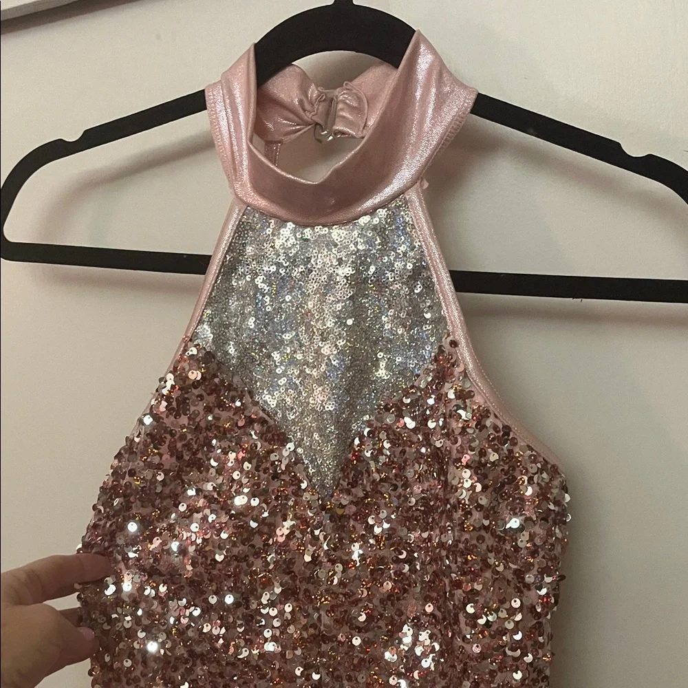 Weissman Pink Sequin Dance Costume with feathers size Adult Small - Picture 2 of 11
